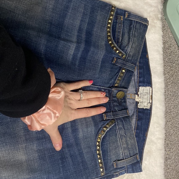 Current Elliot | dark denim distressed gold studs straight leg jeans | size 24 - Picture 5 of 7